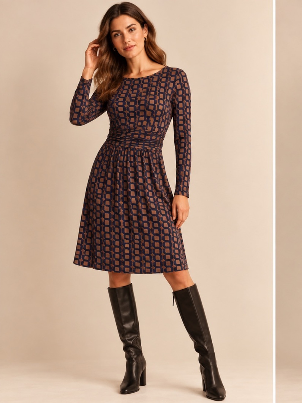 Boden Abigail Navy and Rust Geometric Long-Sleeve Midi Dress Size US 16-18 UK 20